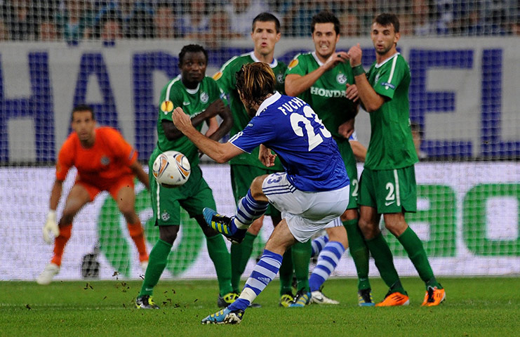 Europa League: Christian Fuchs scores from a free kick for Schalke against Maccabi Haifa