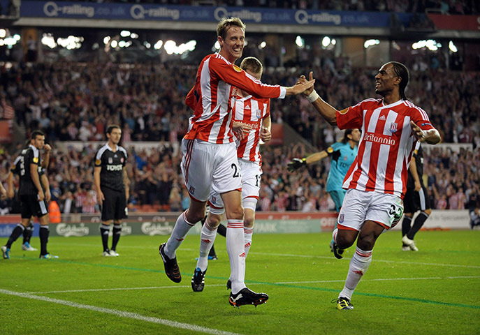 Europa League: Peter Crouch celebrates after equalising for Stoke City