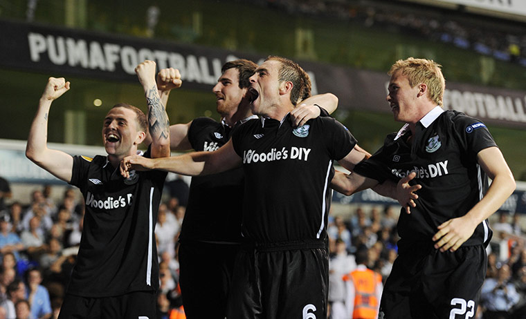 Europa League: Stephen Rice and Shamrock Rovers team-mates celebrate scoring against Spurs