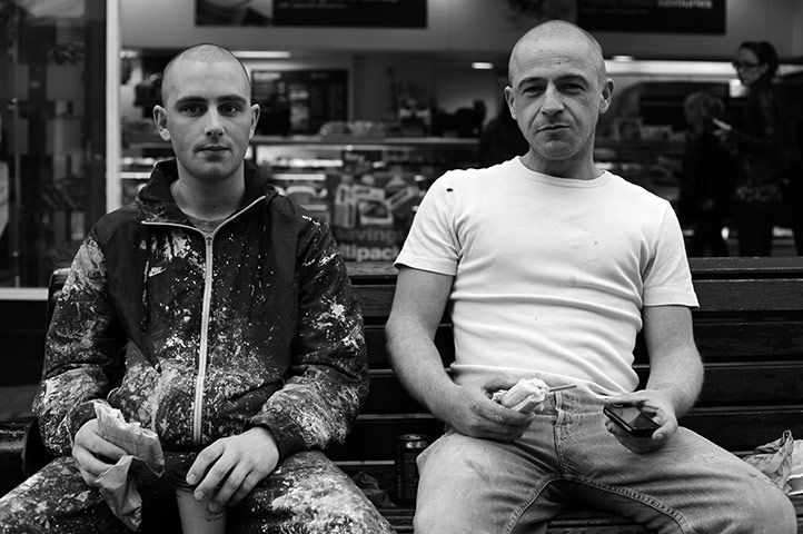 Camera Club Portraits: A pair of builders having their lunch on a bench