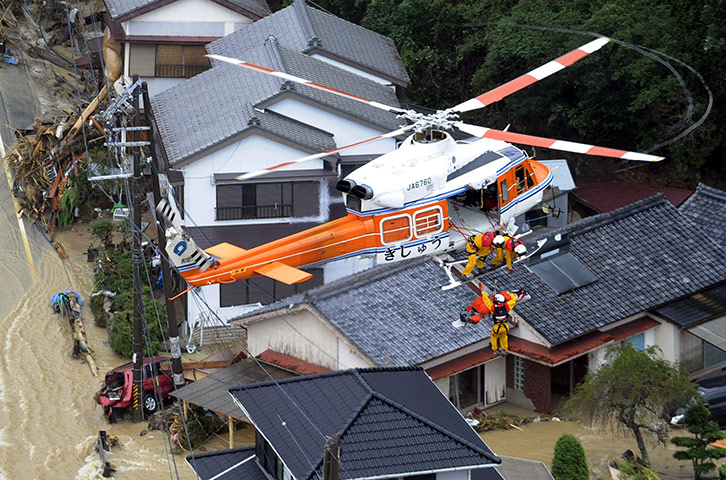 Typhoon Talas: a rescue helicopter in Nachikatsuura