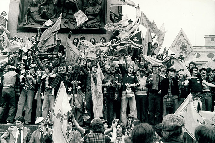 Archives Awareness: Scottish fans celebrating win against England in Trafalgar Square June 1977