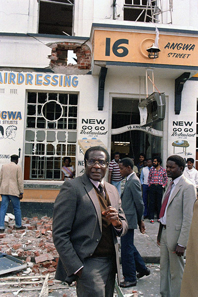 Robert Mugabe: May 1986: Robert Mugabe leaves the scene of the ANC offices