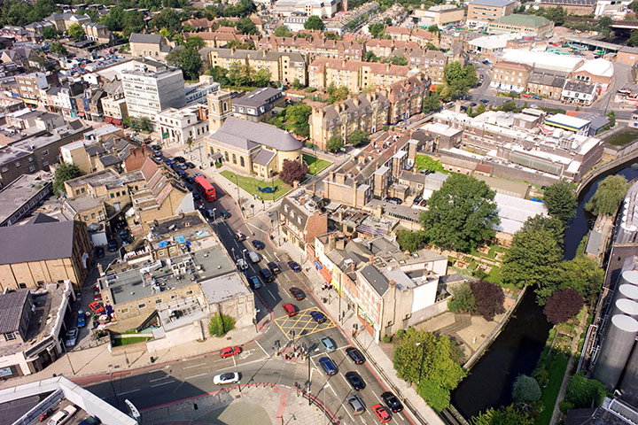 Week in Business: Aerial view of Wandsworth one way system and Church looking West