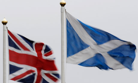 The union flag and Saltire flying side by side in Perthshire, Scotland