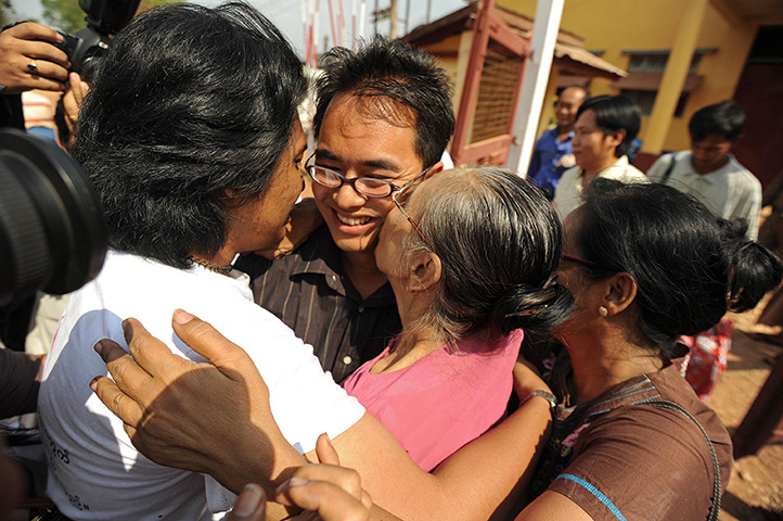 Burma prisoner released: Blogger Nay Phone Latt celebrates upon his release from detention in Hpa-an