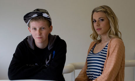 Actress Victoria Atkin on the set of Hollyoaks with Benson Bell