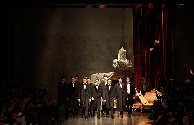 Milan Fashion: Models wear creations from the Dolce & Gabbana men's Fall-Winter 2012/2013