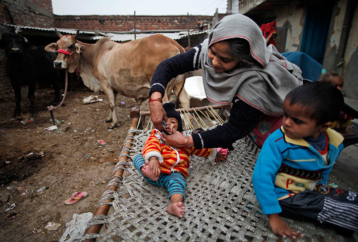 Polio vacination: A baby is administered polio drops at his home by the mobile unit 