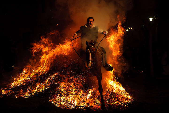 Luminarias, Spain: A man rides a horse through a bonfire in San Bartolome de Pinares, Spain