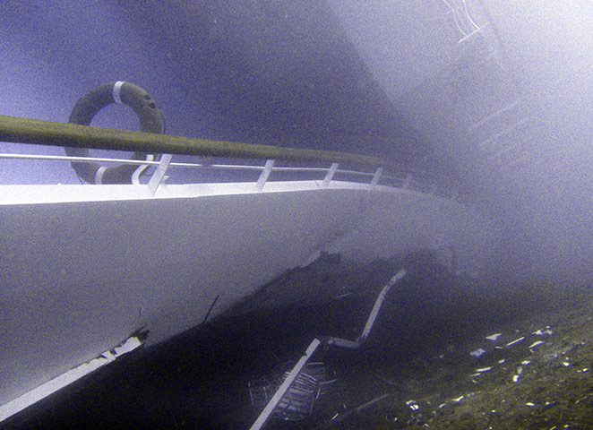 Costa Concordia: A rail on the starboard side of the partially submerged Costa Concordia 