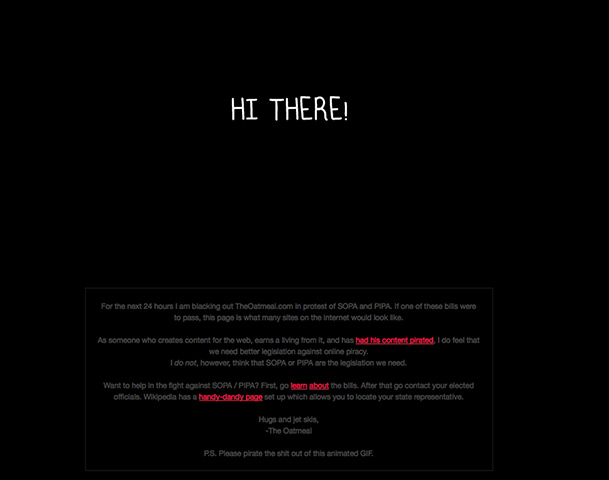 SOPA web protests: theoatmeal blacks out in protest against SOPA on 17th January 2011