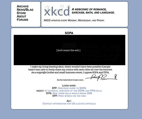 SOPA web protests: xkcd blacks out in protest against SOPA on 17th January 2011