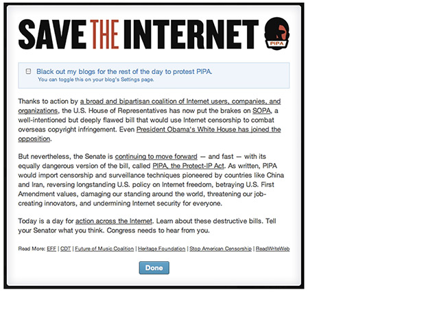 SOPA web protests: tumblr makes a protest against SOPA on 17th January 2011
