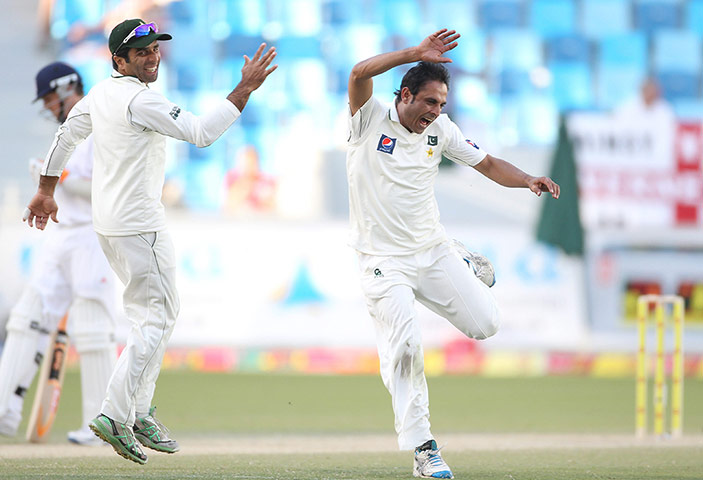 Pakistan v England day 3: Pakistan's Abdur Rehman after taking the wicket of England's Chris Tremlett