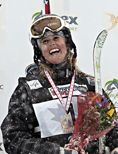 Sarah Burke: 17 March 2006: Sarah Burke celebrates her gold at the FIS world cup