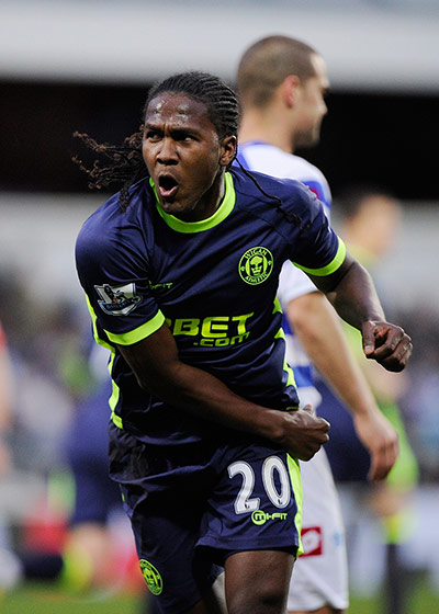 QPR v Wigan: Wigan's Hugo Rodallega celebrates scoring with a free-kick
