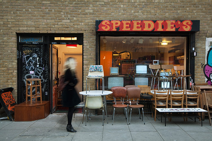 Redchurch Street: Exterior view of Speedies furniture shop