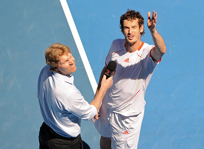 Australian Open Day 8: Andy Murray of Britain gestures up during the post-match interview