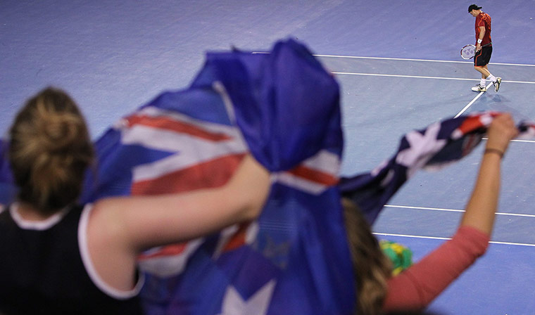 Australian Open Day 8: Australian fans cheering Lleyton Hewitt of Australia