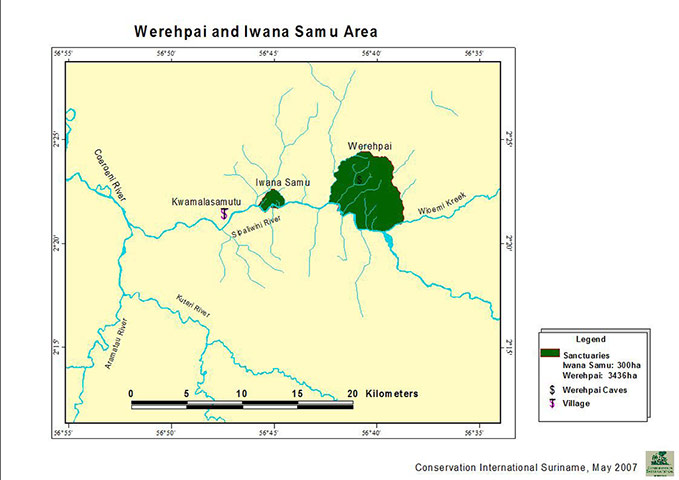 Suriname: Map of Werehpai in southwest Suriname