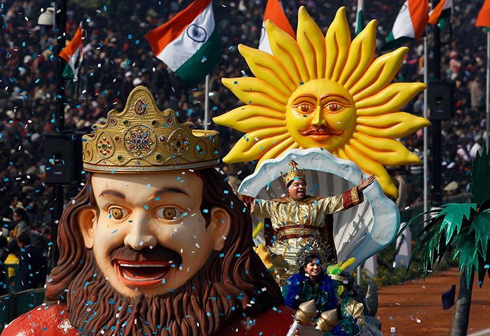 India Republic Day: Performers on float of the Indian state of Goa on Rajpath