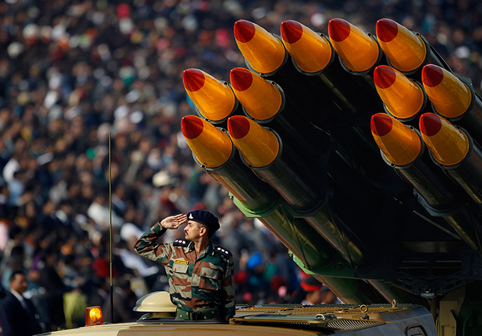 India Republic Day: An Indian army soldier salutes on Rajpath, New Delhi