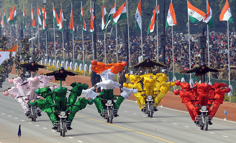 India Republic Day: Indian Border Security Force soldiers perform motorcycle stunt, New Delhi 