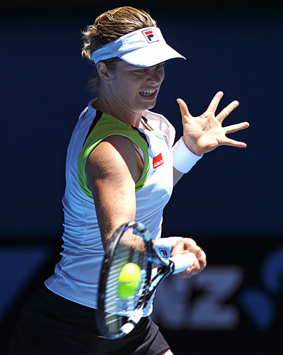 Aussie open day 11: Kim Clijsters plays a forehand return