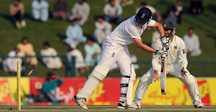 Pakistan v England day 2: England's Jonathan Trott is bowled for 74 runs against Pakistan