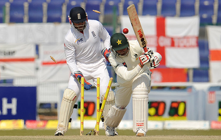 England v Pakistan: Pakistan's Junaid Khan is bowled by England's Monty Panesar
