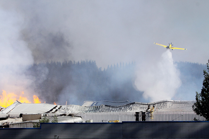 Forest fires in Chile: A plane empties water onto the fire