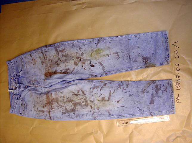 Stephen Lawrence murder : Police picture of a pair of jeans found at the house of David Norris