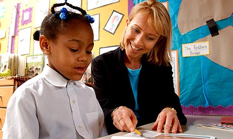Volunteer from the Guardian helping schoolchildren reading at Hugh Myddleton Primary School, London