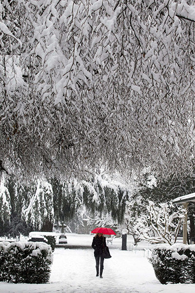World weather: A woman walk through the snow, Geneva, Switzerland