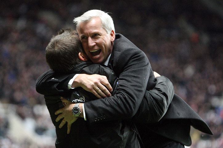 Wednesday Footie: Alan Pardew celebrates after Newcastle go 3-0 up against Manchester United