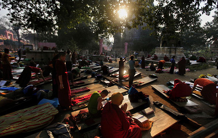 FTA: Altaf Qadri: Buddhist monks and devotees meditate in the compound of Mahabodhi temple