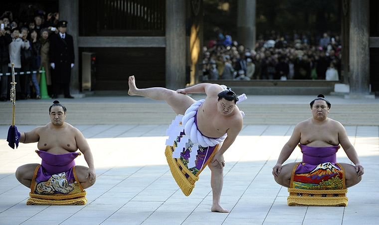 24 hours in pictures: Sumo wrestlers at at the Meiji shrine in Tokyo