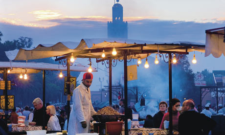 Food stalls in Jamaa el Fna square in Marrakech, Morocco
