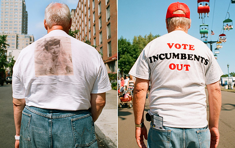 Big Picture: T-Shirts: Images on the backs of t-shirts: Sepia film star. Vote Incumbents Out