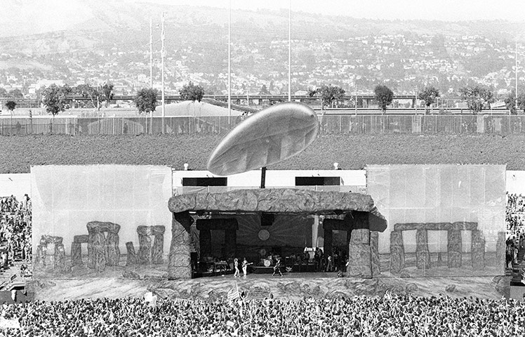 Led Zeppelin: The stone henge themed stage set at the Oakland Coliseum concert