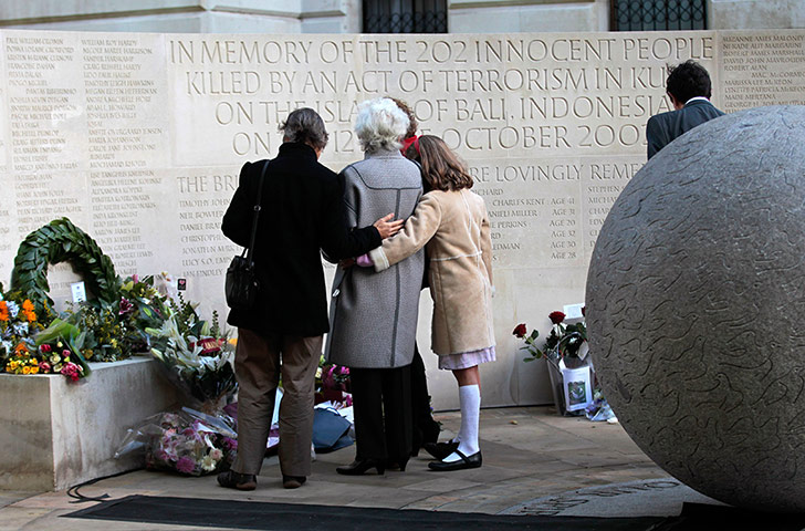 Bali anniversary: Relatives pause at the memorial in Westminster, London