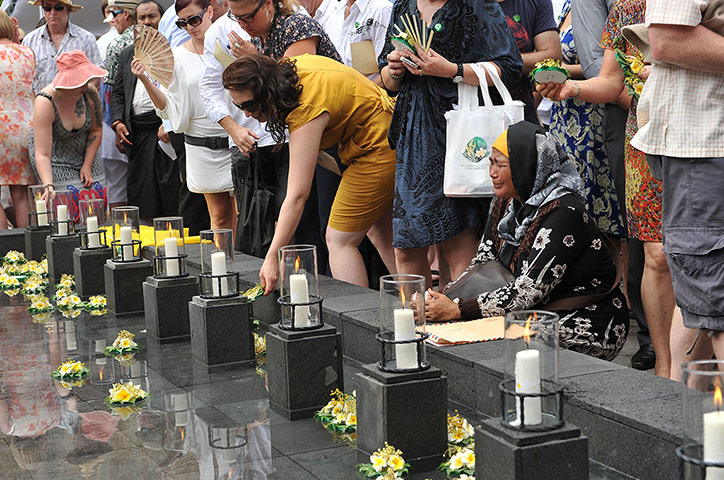 Bali anniversary: Floral tributes are laid in the remembrance pool, Surabaya, Bali