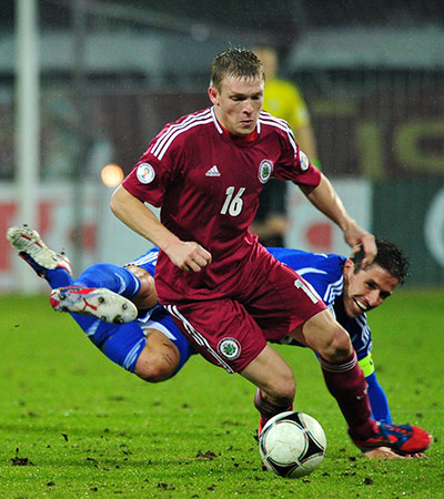 Tuesday WCQ: Martin Stocklasa of Lichtenstein vies with Artjomd Rudnevs of Latvia 