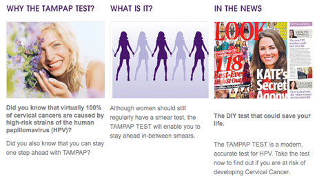 Screen grab of the website for the Tampap home HPV test