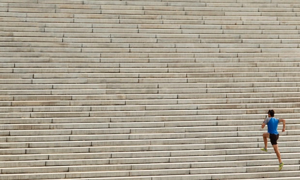 A stairway to fitness: A runner ascends the steps leading up to the west side of the Lincoln Memorial in Washington. The steps are a popular spot for fitness enthusiasts. Photograph: Kevin Lamarque/Reuters