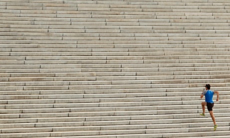 A stairway to Lincoln: A runner ascends the steps leading up to the west side of the Lincoln Memorial in Washington. The steps are a popular spot for fitness enthusiasts.