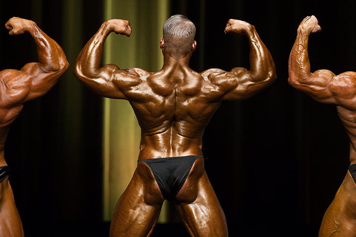 Bodybuilding: Heavyweight bodybuilder Lukas Wyler performs next to other athletes