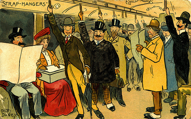 Underground book: Comic colour 'strap-hangers' postcard