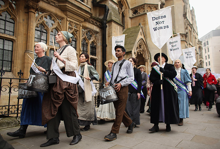 Sufragette march: Campaigners drum through Westminster